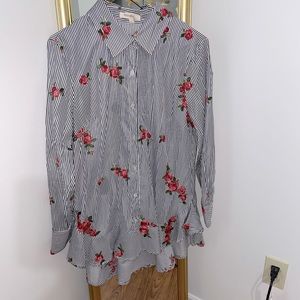 Striped grey and white blouse with roses